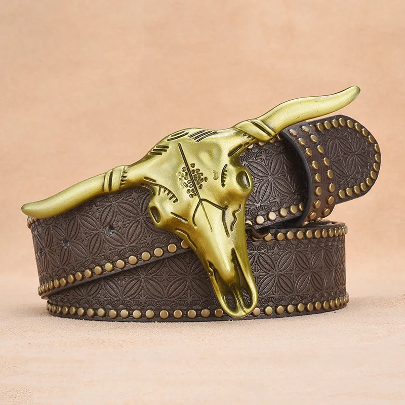 Men's Western Denim Embossed Cow Head Belt with Personalized Rivets Trendy Wenzhou Style Dress Accessory for Casual Wear