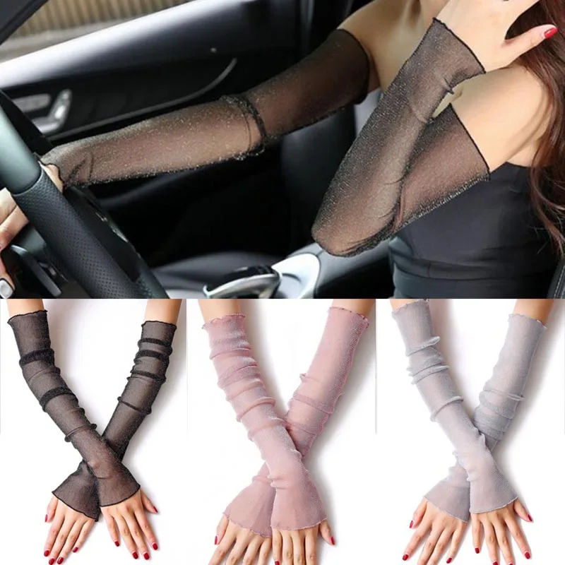 1pair Sexy Fashion Women Gauze Sun Protection Sleeves Gloves Thin Long Fingerless Arm Warmers Sunscreen Uv Breathable Mittens