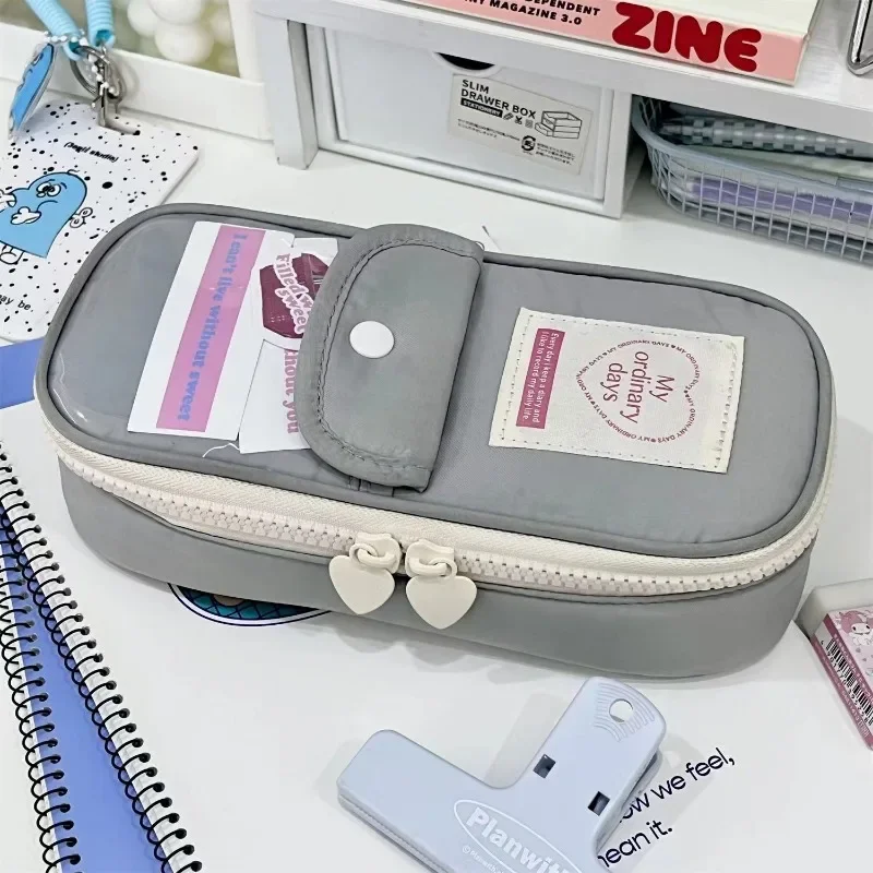 Imagem -06 - Bonito Japonês Ins Pequeno Fresco Simples Lápis Case Arte Retro Grande Capacidade Menina Caneta Bolsa com Cartão Claro Bolso Coração Forma Zíper