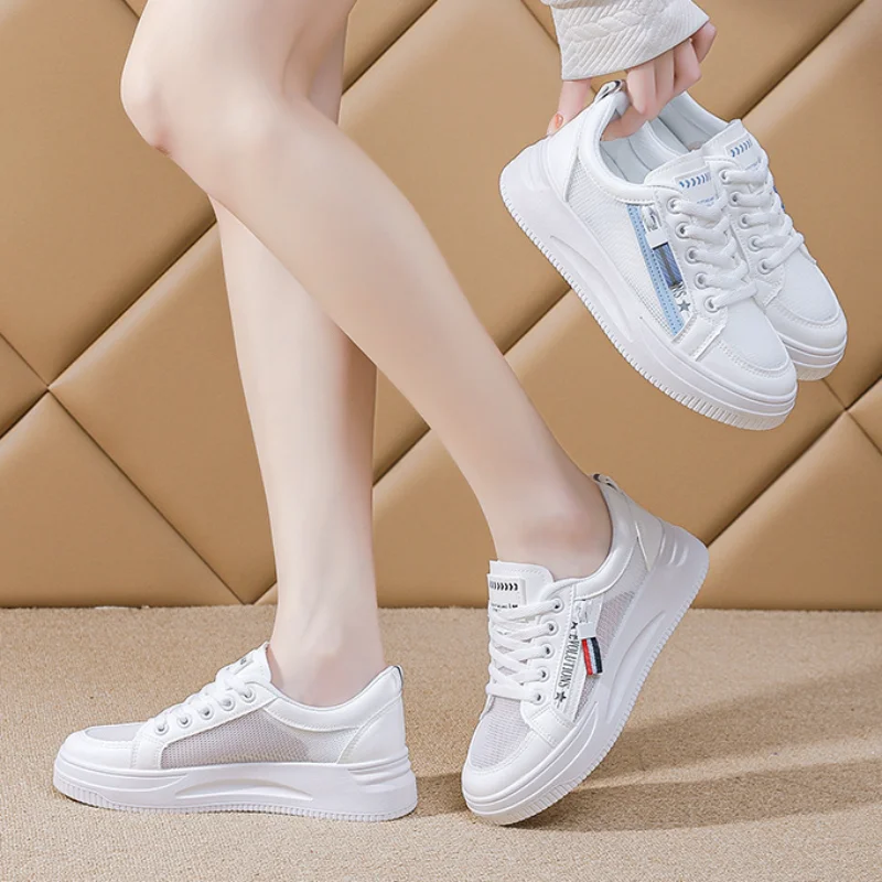 

Fashion White Breathable Net Sneakers Women Thick Bottom Flat Platform Ladies Lace-Up Shoes Zapatos De Mujer Zapatos