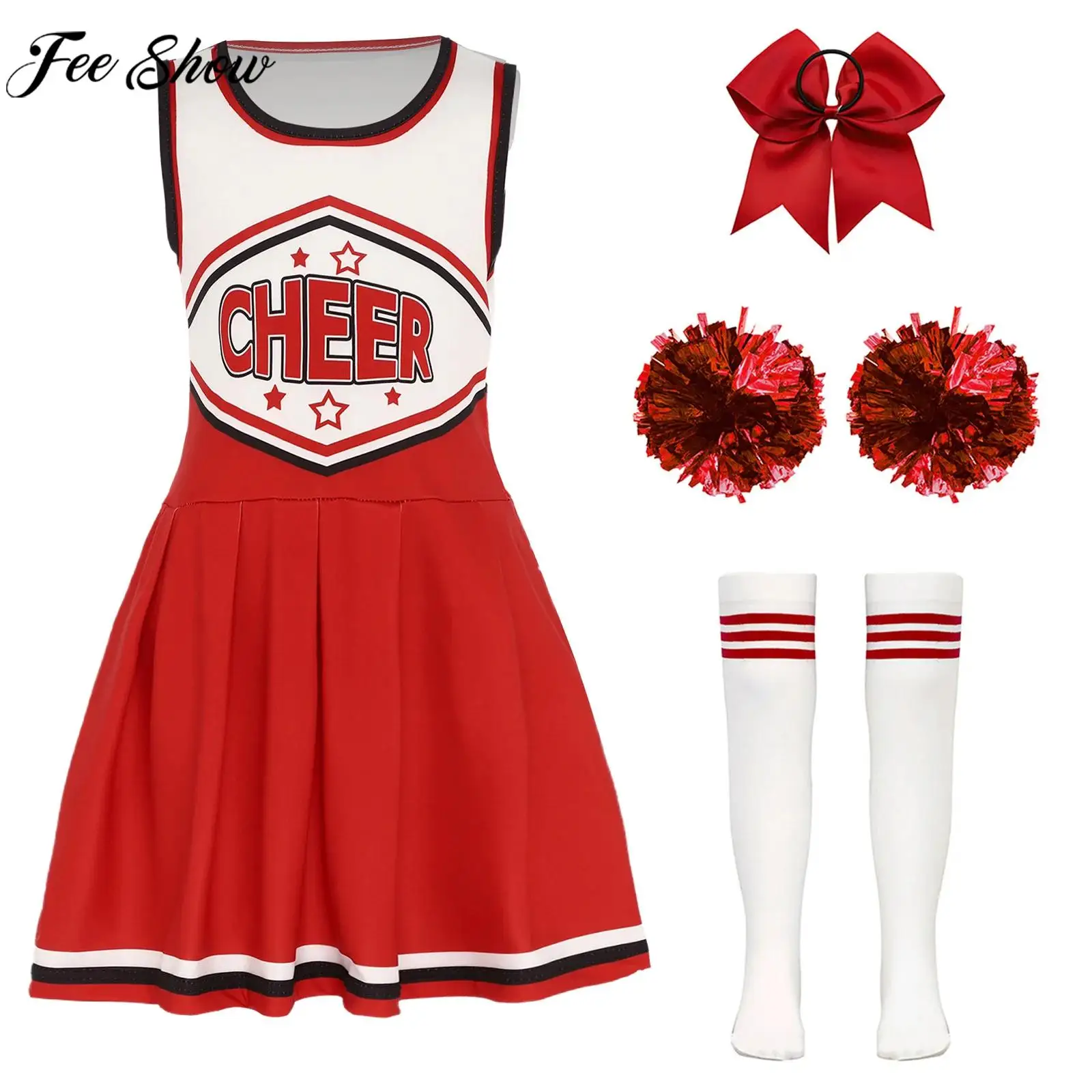 Kids Girls Cheerleading Dance Outfit Dress with Flower Balls Hair Tie Socks Halloween Carnival Party Cheer Team Cosplay Costume
