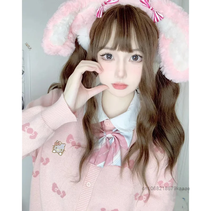 Sanrio Hello Kitty Cardigan Sweater Korean Version Sweet Bow Female Students Sweater Kawaii Soft Girl Style Knit Sweater Jacket