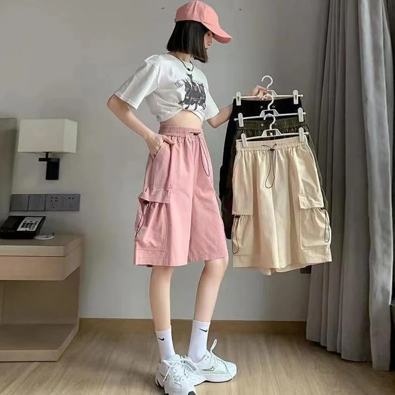 Pink Fashion Women Cargo Shorts Loose Summer High Waist Drawstring Y2K Streetwear 90s Wide Leg Shorts New