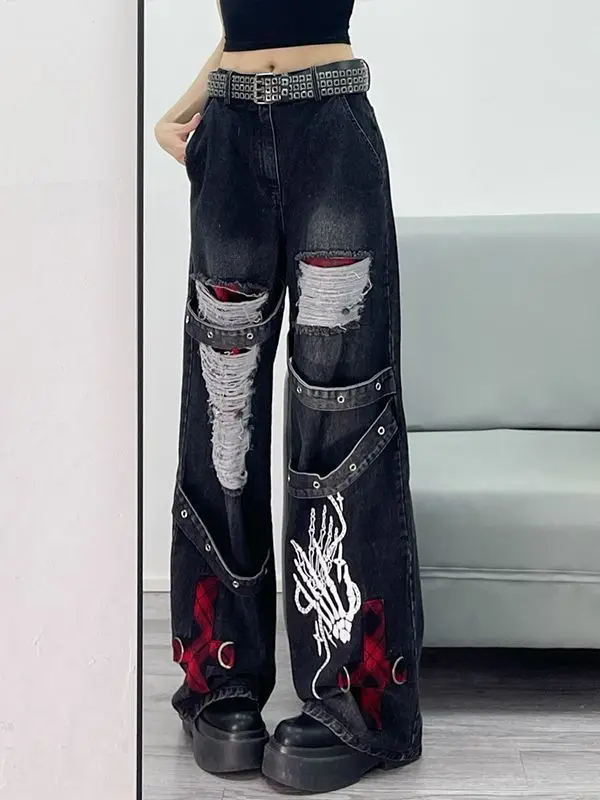 

Готические винтажные мешковатые джинсы, женская одежда, уличная одежда в стиле Харадзюку, хип-хоп, потертые джинсы с высокой талией, женские повседневные брюки в стиле панк Y2k, женские