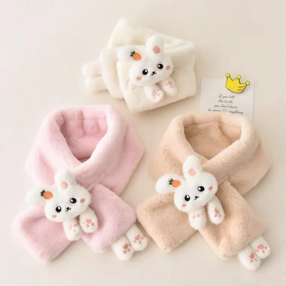 Boys Girls Winter Scarfs Thick Plush Cross Children\'s Scarf Baby Bib Cute Cartoon Rabbit Faux Fur Neck Protection Warm Shawl