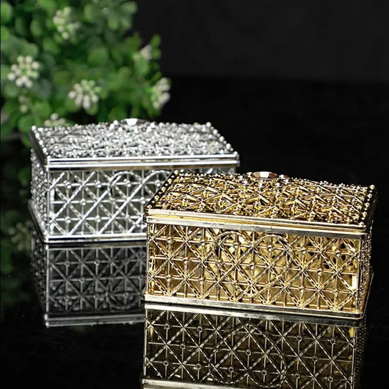 2Pcs Mini Treasure Jewelry Box Silver Hollow Flower Pattern Storage Case for Necklace Earring Ring