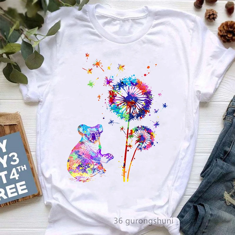 Funny Colorful Watercolor Dandelion T-Shirt Cute Graphic Print Lady Tees Women Clothes Female Clothing Short Sleeve T-Shirts Top