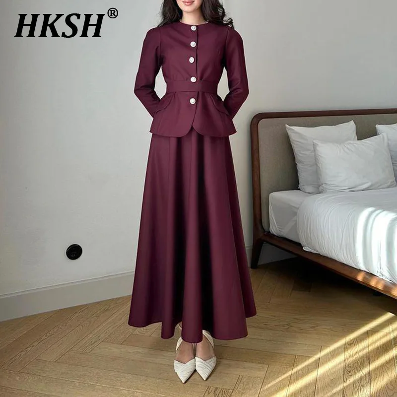 HKSH Moda Casual Gonna Set delle Donne 2024 Autunno Nuovo Colore Solido Colletto Rotondo Monopetto Design Sottile Chic Y2K Retro HK3227