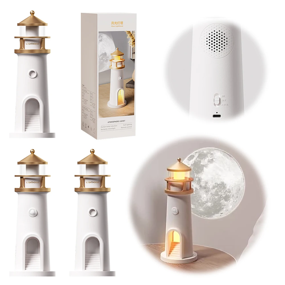 2025 New Bluetooth Music Night Lights Moon Projection Lighthouse LED Dimmable Motion Sensor Desk Decor Light Holiday Gift