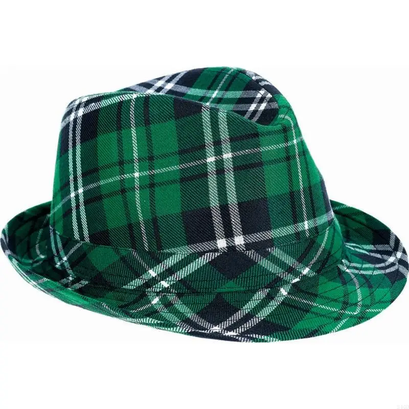 

340D Trendy Plaid Green Fedora Fisherman Hat Basin Hat Irish Festival for Girl Boy