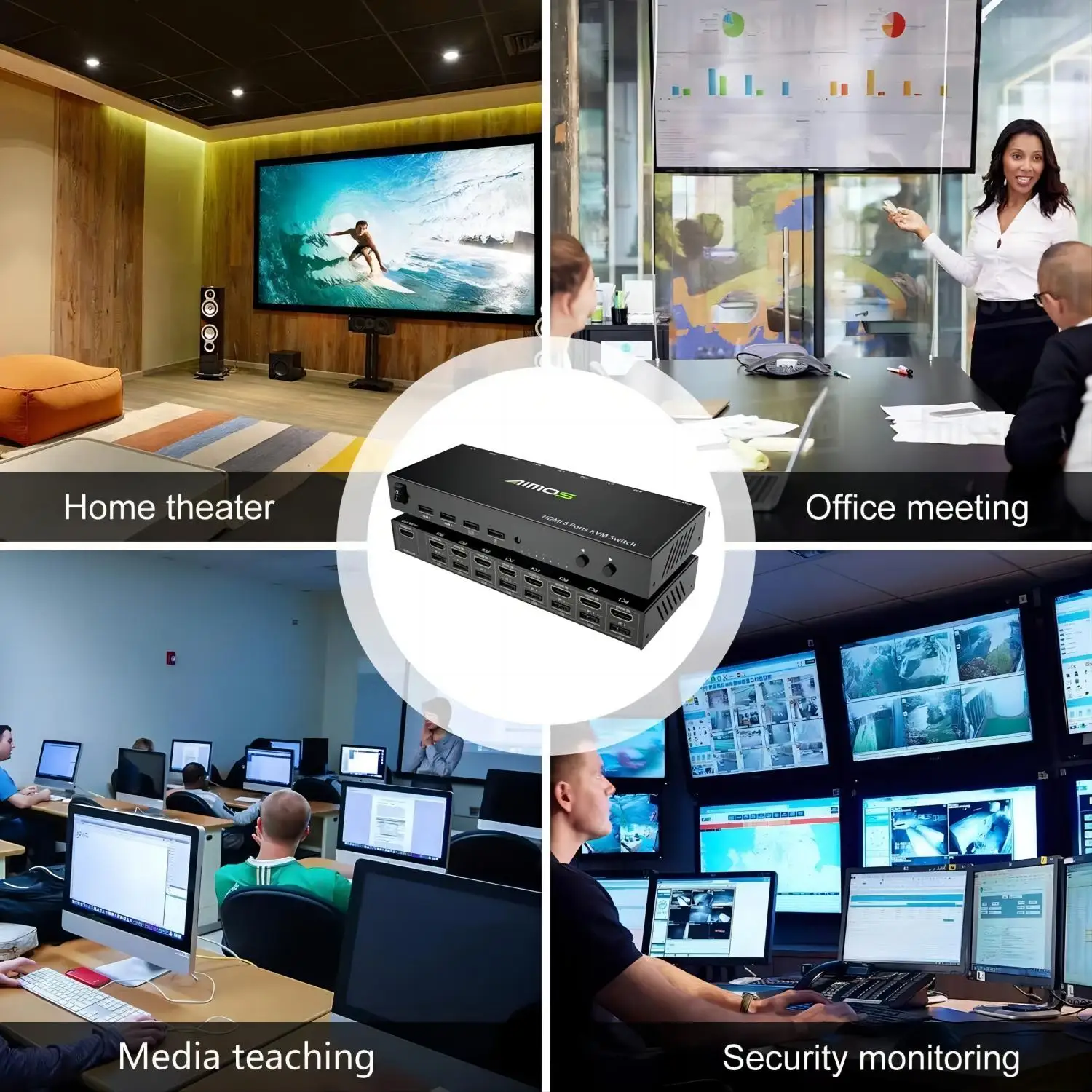 KVM USB Switch, Aimos 8 in 1 Out HDMI Switcher Box Support 4K@30Hz for 8 PC Share Keyboard and Mouse, Support USB Hub Connect