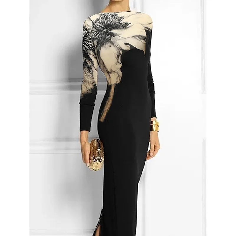 Tinaa Floral Printed Boat Neck Dresses for Women 2025 Skinny Elegant Slit Long Sleeve Evening Party Dress Women Clothing 139196