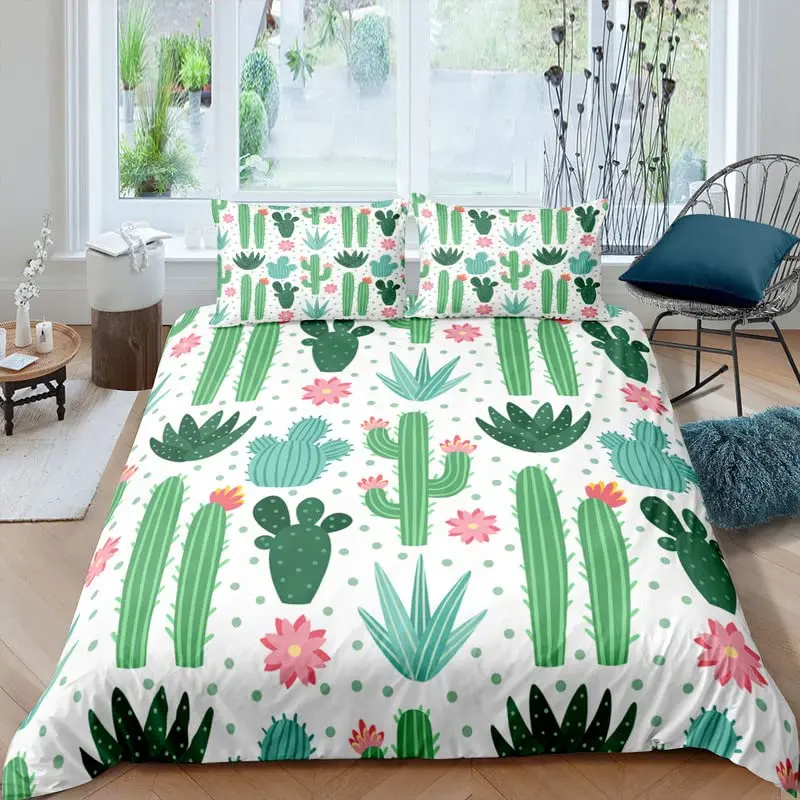 Cactus Duvet Cover Set,Geometric Triangle Pattern Bedding Set 3pcs for Kids Room,Green Desert Plant Nature Vivid Quilt Cover