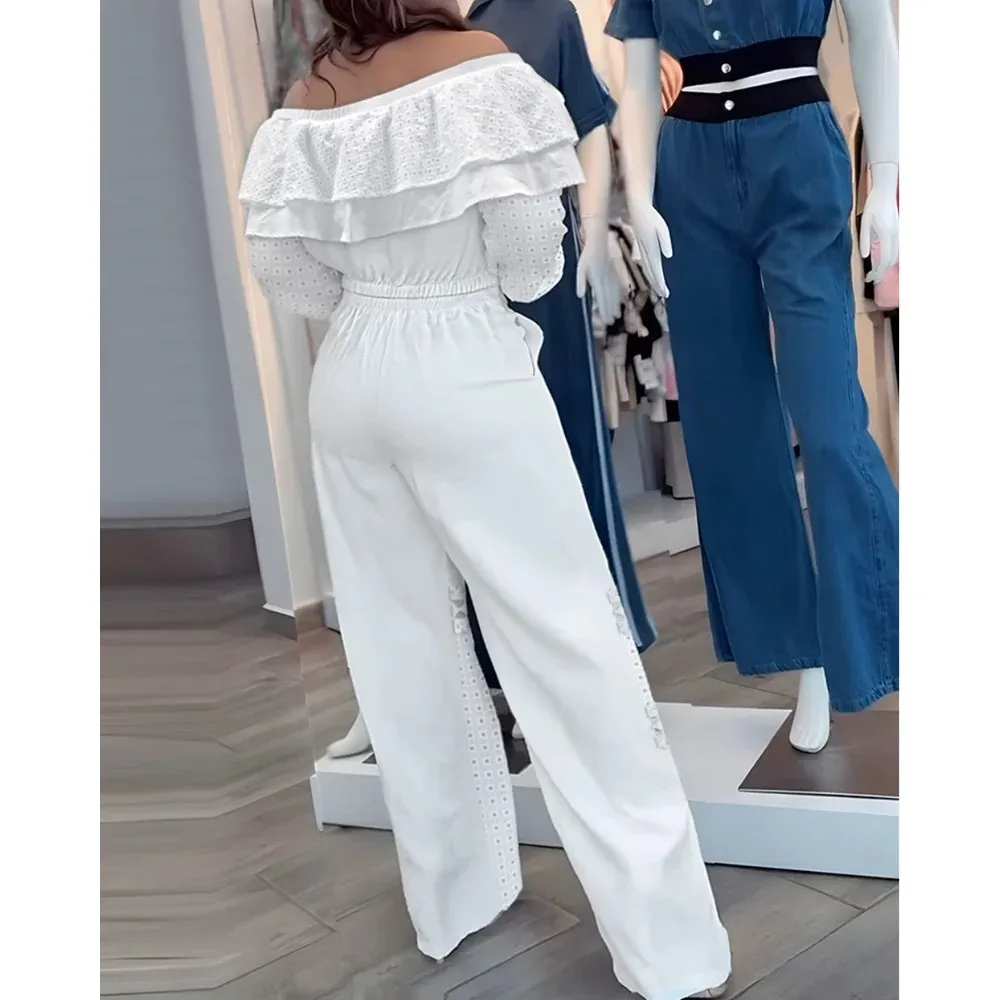 2 Pices Set Outfits Women Off Shoulder Long Sleeve Top and Wide Leg Pants Set Elegant Two Pieces Sets y2k Outfits