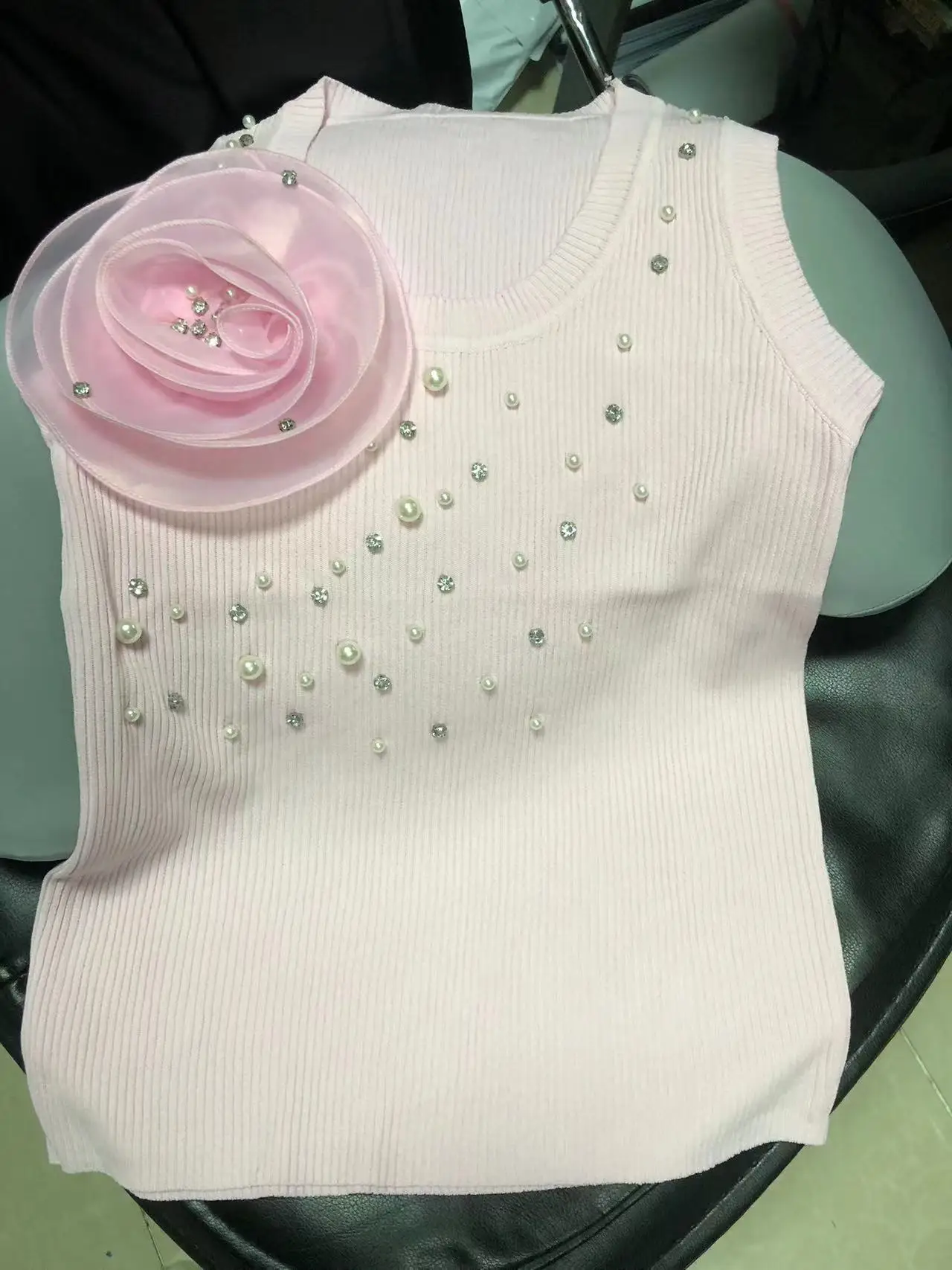 Real Photos 3D Flowers Pearls Diamonds Beaded Tank Top For Women Knitted Camisole Summer 2024 Elastic Top Youthful Woman Clothes