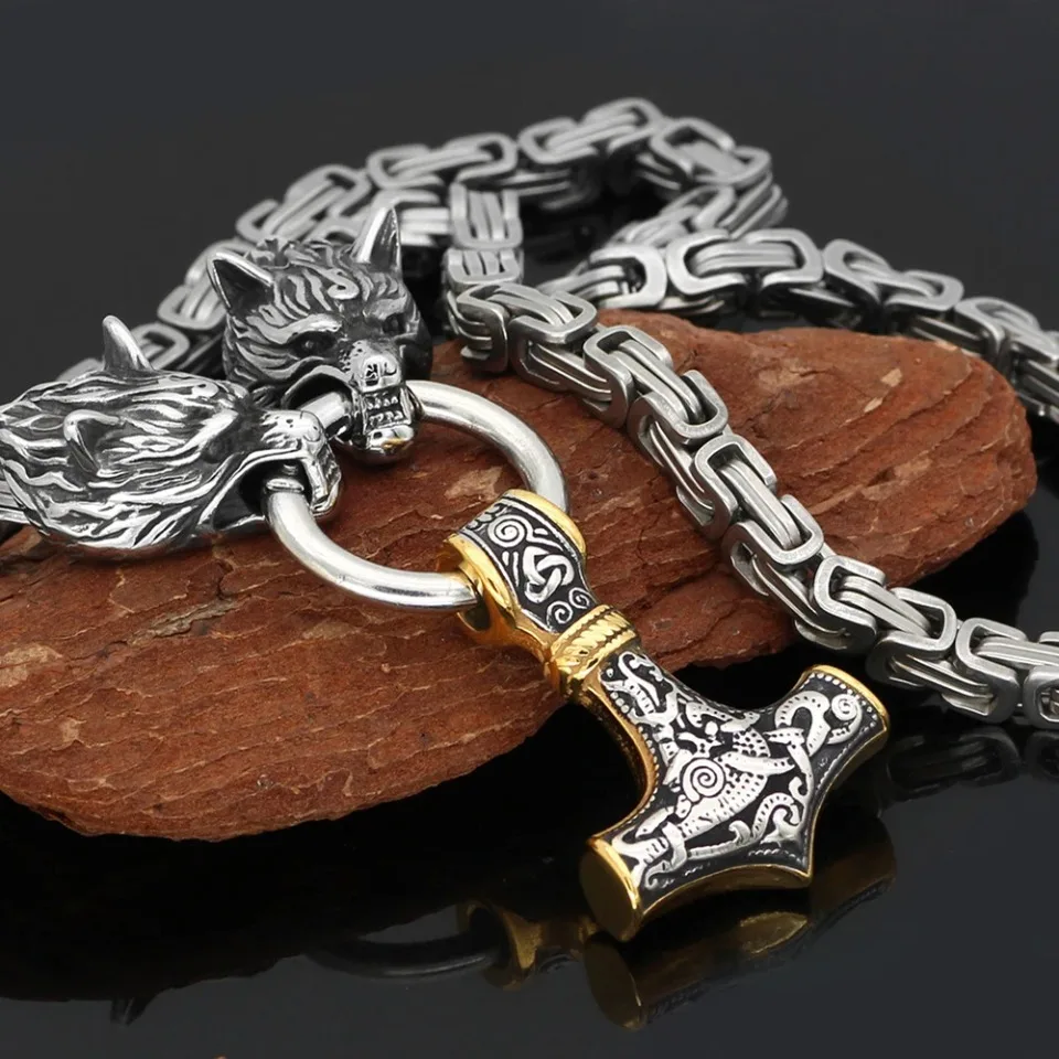 Viking Wolfskopf Thor Hammer Anhänger Halskette Edelstahl Vintage Viking Amulett Unisex Punk Biker Modeschmuck Geschenk – Detail 5