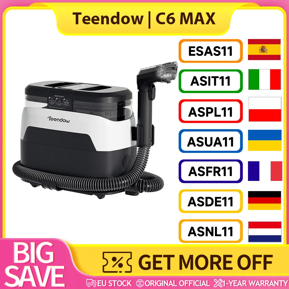 Teendow C6 MAX 3-in-1 stoomreiniger voor bekleding en tapijt, 1650W stoom, 12000Pa zuigkracht, dubbele tanks, huisdiervriendelijk, milieuvriendelijk, 1250ML zoetwatertank, 950ML vuilwatertank, stoom