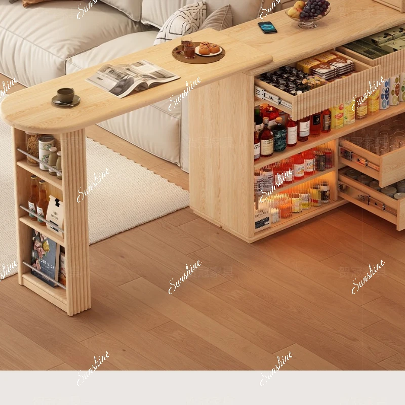 

Solid wood sofa, antique large horizontal hall partition in the bar counter, and long table against the cabinet at the back