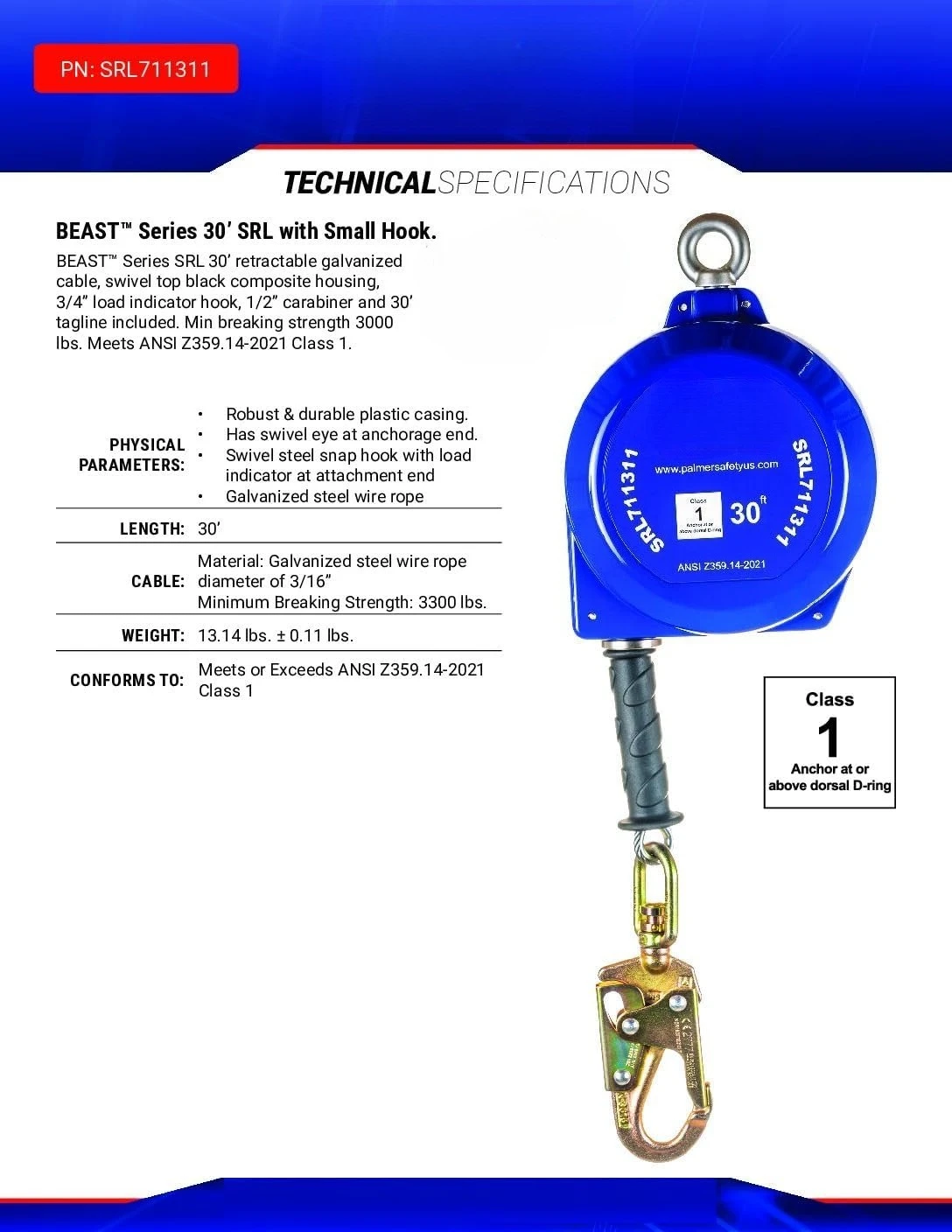 ريال سعودي 30 قدم. خط الحياة ذاتي التراجع I ANSI Z359.14-2021 فئة 1 I SRL كابل مجلفن علوي دوار #6