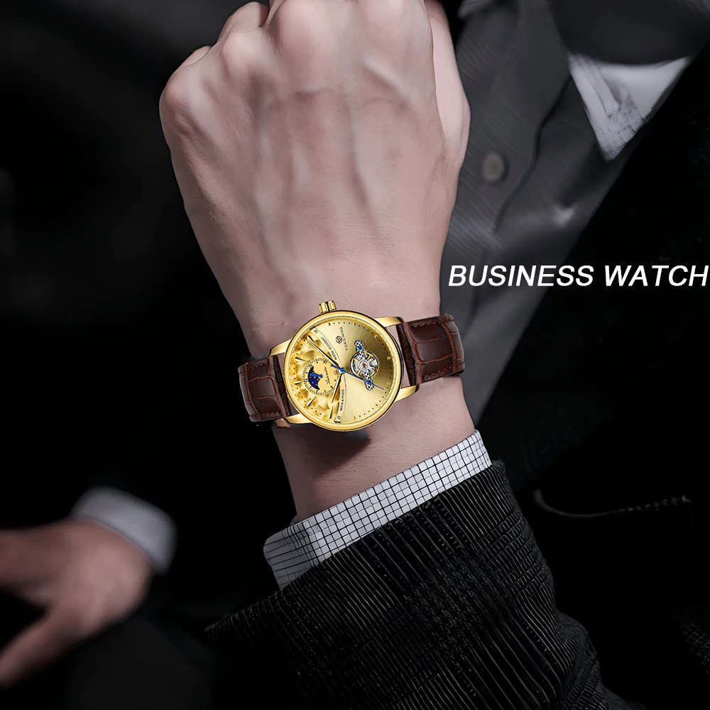 FORSINING Fashion Luxury Mens Automatic Skeleton Mechanical Watch Moon Phase Design Tourbillon Leather Strap Business Wristwatch