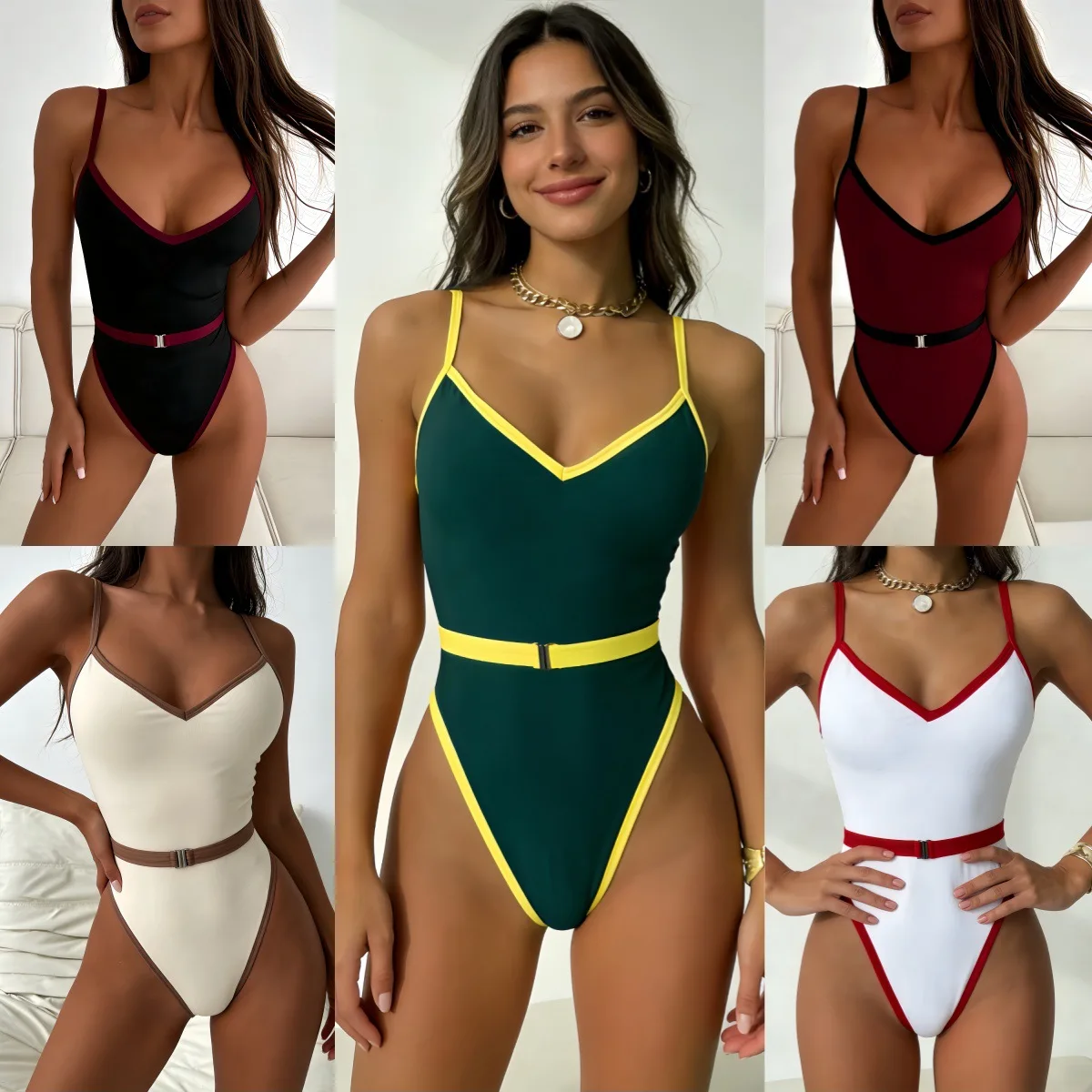 

Fashion Women's One-Piece Swimsuit European and American Simple and Contrasting Color High Waist Outdoor Bikini Leisure Swimsuit