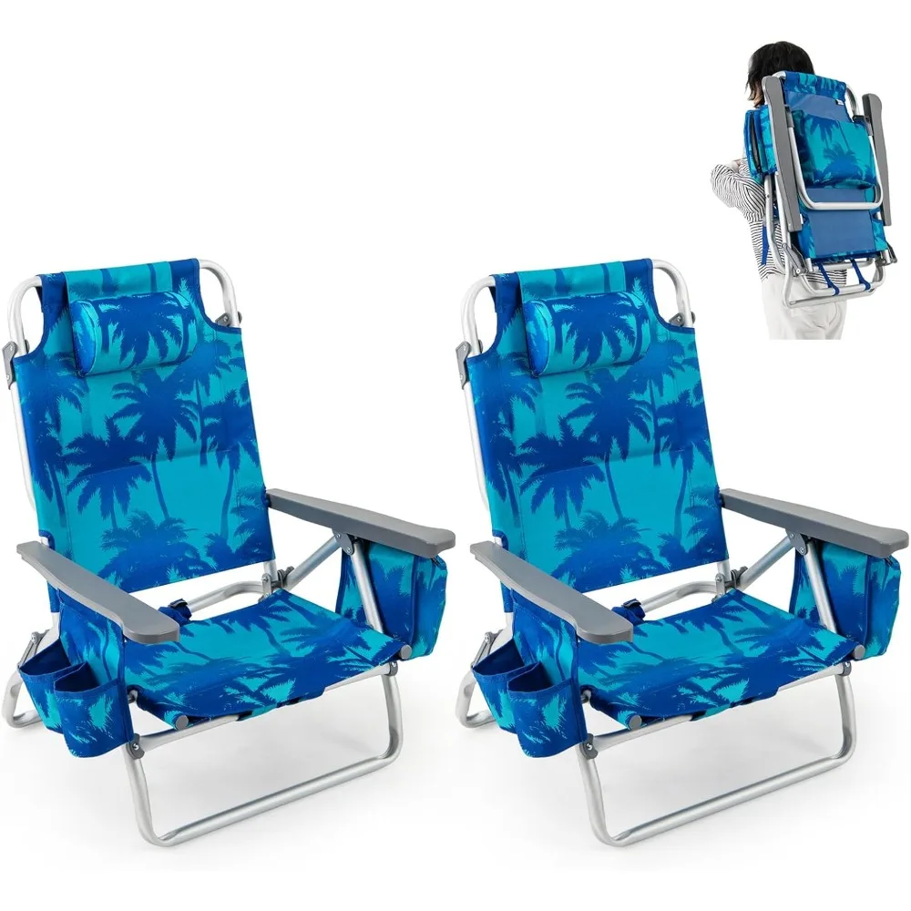 

Folding Beach Chair, Patio Sling Chairs with 5 Adjustable Position, Head Pillow, Storage Bag, Towel Bar, Cup Holders