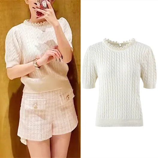 

Ele ort Sve Knitted Top Beaded Ne Twist High-End Version S Home Women's Faion Sweet Temperament Knitwear PU0247
