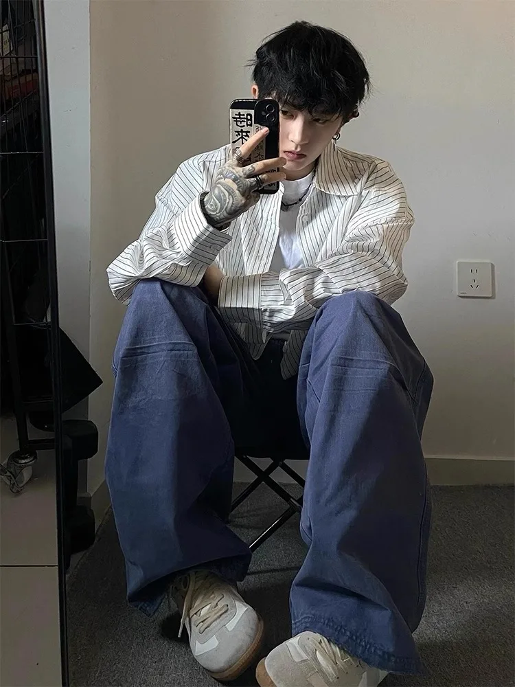 

American Retro Striped irt Men's Long Sve Sli Sunny Cleanfit irt Jaet Loose Fit Youthful Trend Autumn Wear