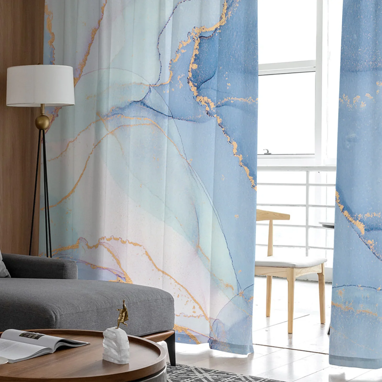 Marble Blue Ocean Curtains For Living Room Transparent Tulle Window Curtain Bedroom Decor Veil Drape