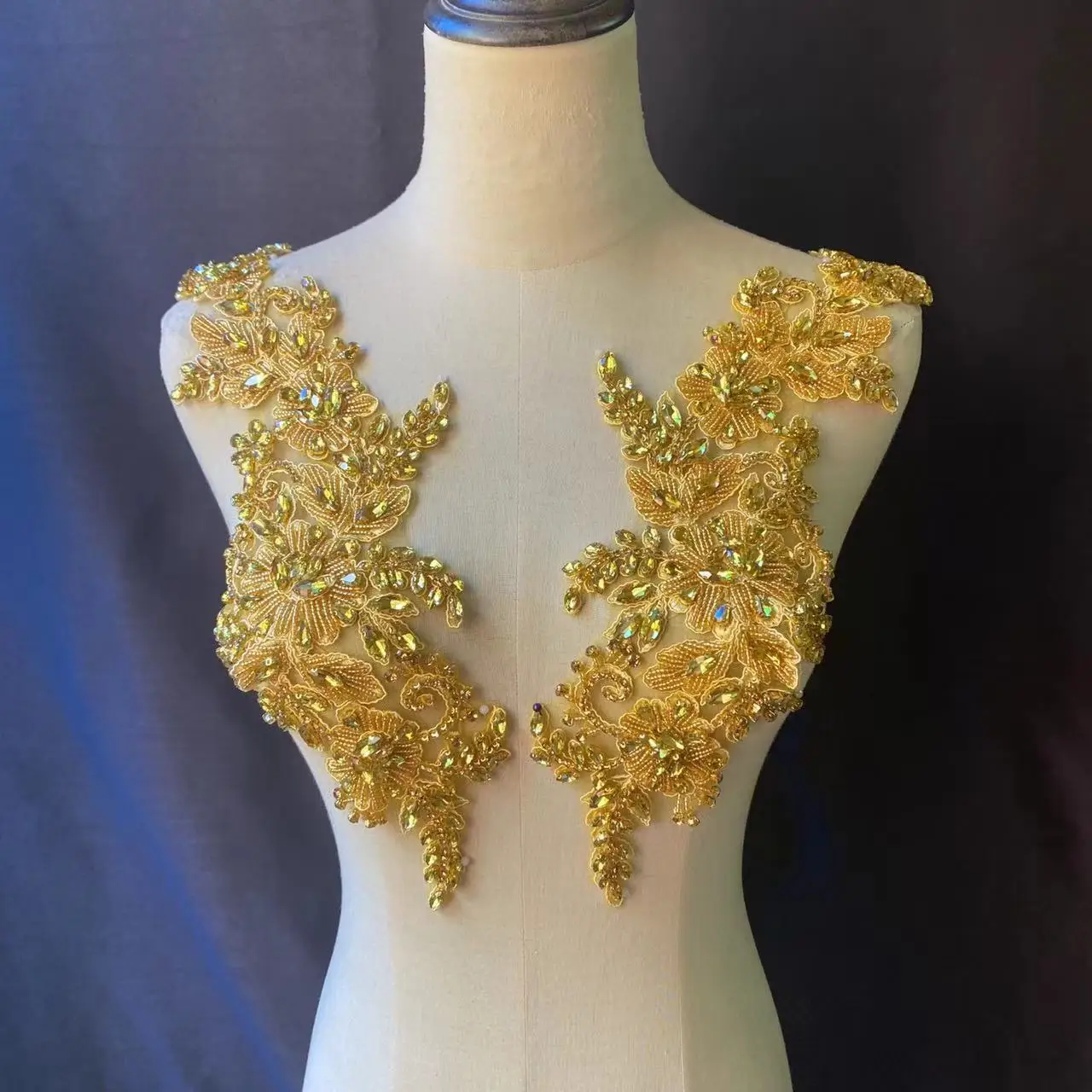 

Gold Sparkle Rhinestone Flower Bodice Applique Crystal Bead Patch for Corset,Couture,Dance Handcrafted,Bridal Dress Decor,Cloth