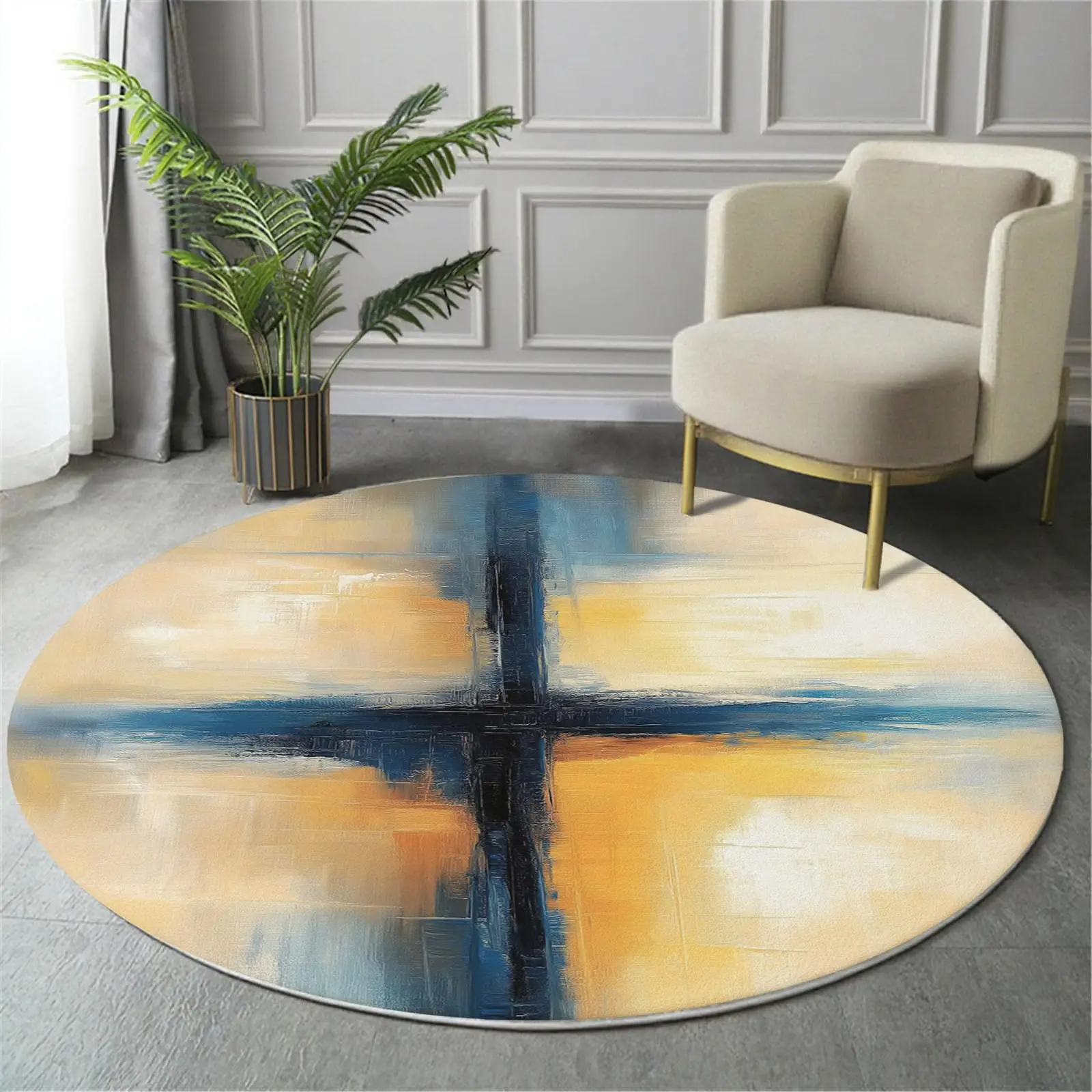Round Abstract Rug Blue Yellow Cross Brush Stroke Painting Print Home  for Modern Artistic Living  Interior Decorative Makeover