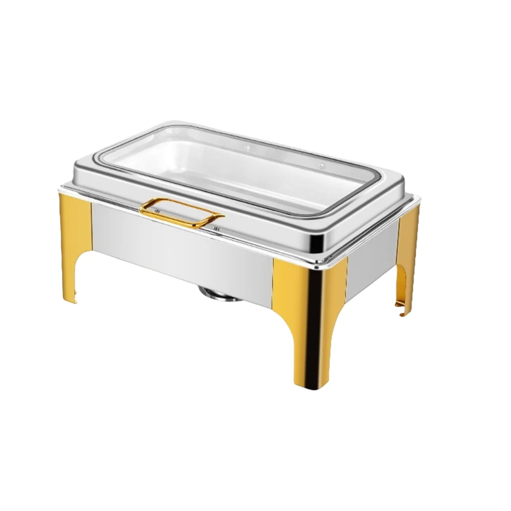 Chafing Dishes, Half gold-plated,9.5QT, High-footed Square Stainless Steel Chafing Dish with Transparent Hydraulic Lid