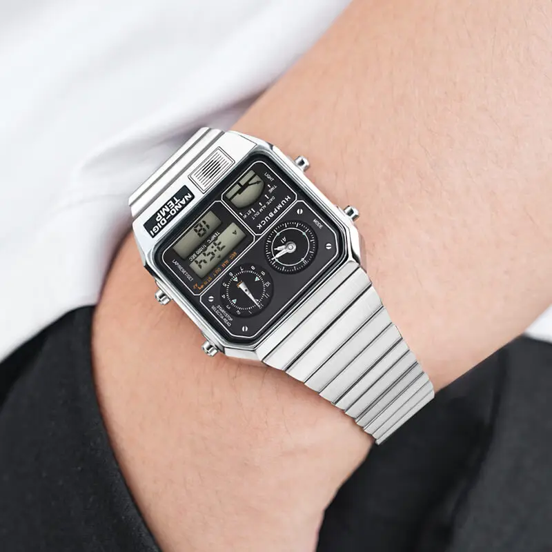 ساعة يد HUMPBUCK DIGITEMP كاجوال مقاومة للماء موديل رياضي مع ضوء LED وكرونوغراف ثانية 1/1000