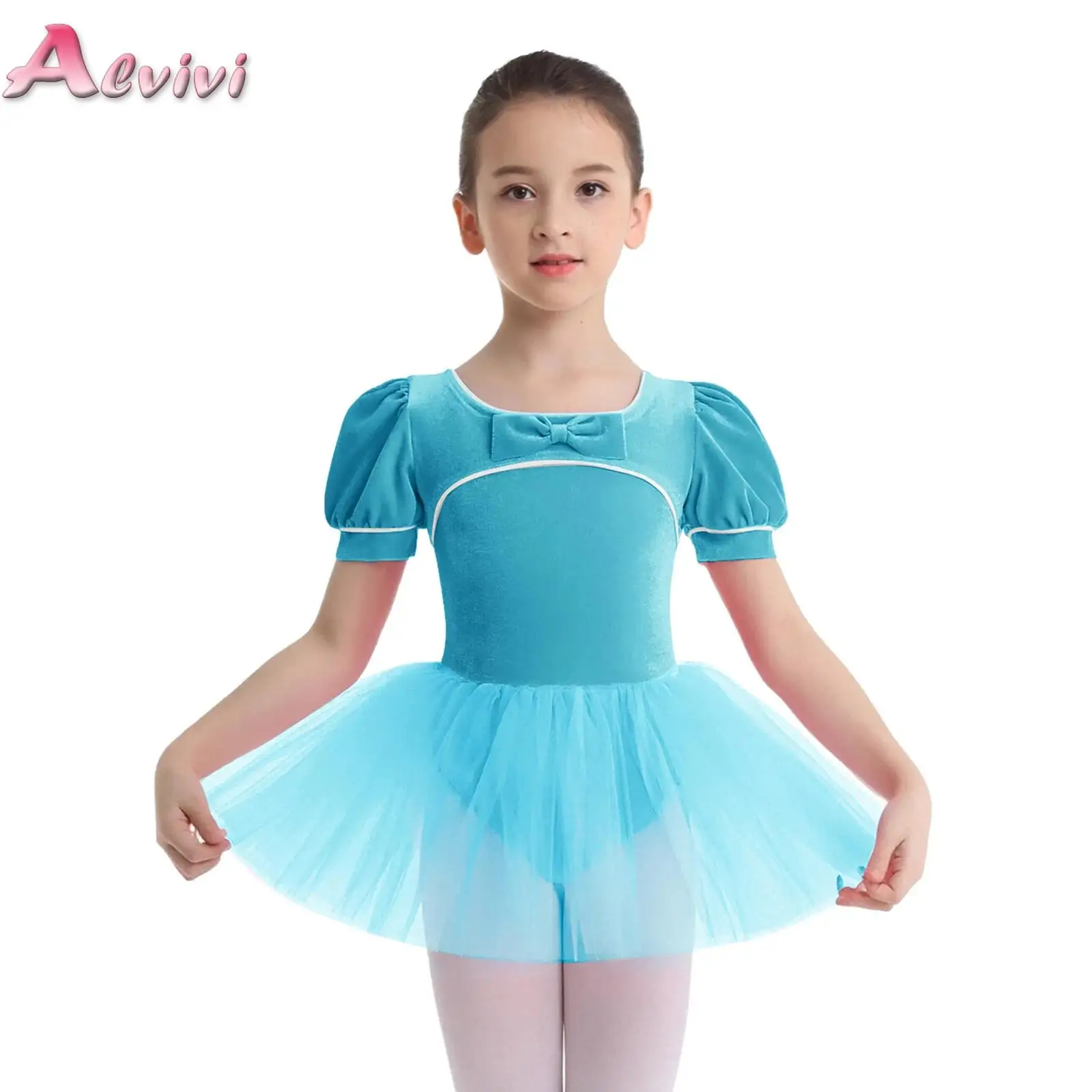 Kids Girls Ballet Tutu Dresses Bow Puff Sleeves Velvet Tulle Dress with Built-in Briefs for Stage Performance Birthday Party