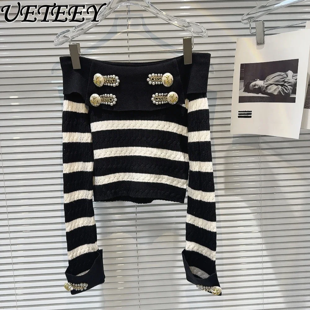 

Fall 2024 New Off-Shoulder High-end Metal Buckle Beaded Sweater Pullover Women Heavy Industry Striped Long-Sleeve Knitted Jumper