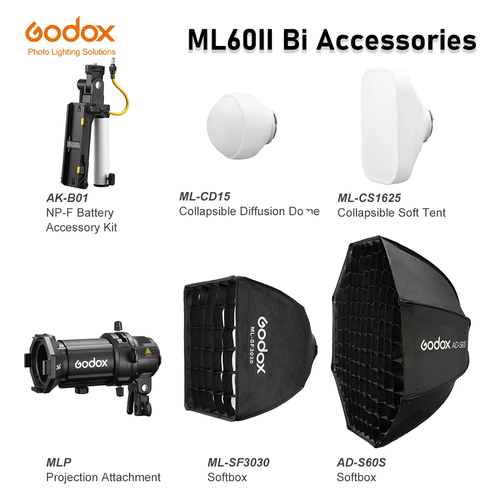 GODOX ML-CD15 Diffusion Dome ML-CS1625 Soft Tent ML-SF3030 AD-S60S Softbox AK-B01 MLP Spotlight Mount for ML60II Bi Accessories