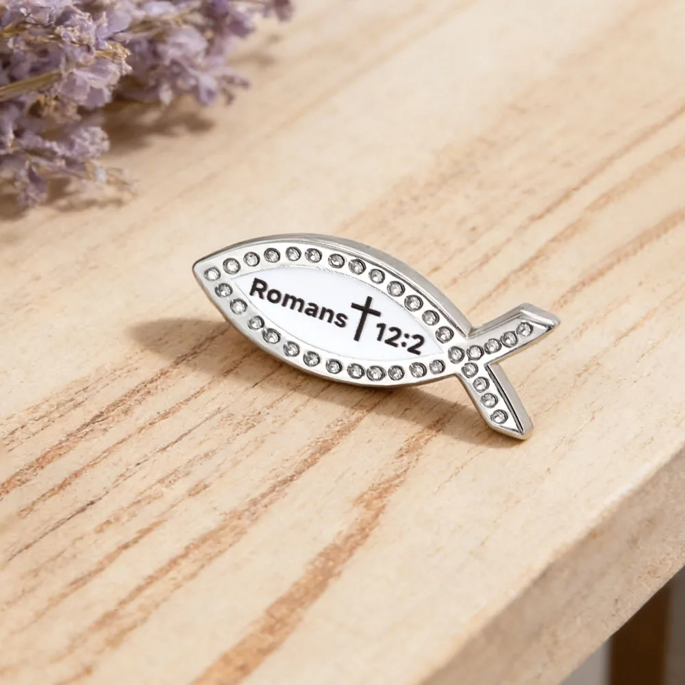 Römer 12:2 Bibelvers Emaille-Pin Christliche Jesus-Fisch-Brosche mit Strass-Kristall Ichthys-Abzeichen Religiöser Schmuck Geschenk für – Detail 7