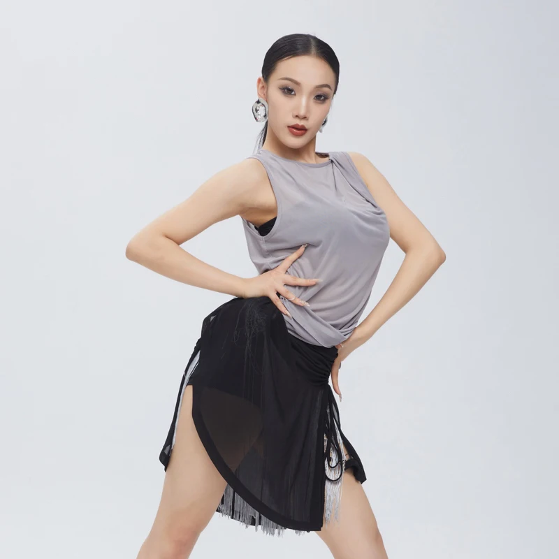 2025 High-End Latin Dance Performance Costumes For Women Drawstring Top Double-Layer Mesh Tassel Skirt Latin Dance Wear DQS19371