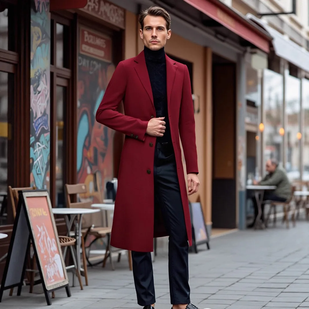 

Men's Business Casual Trench Coat British Classic Single-breasted Lapel Tweed Fashion Elegant Mid-Length Autumn Winter Male Coat