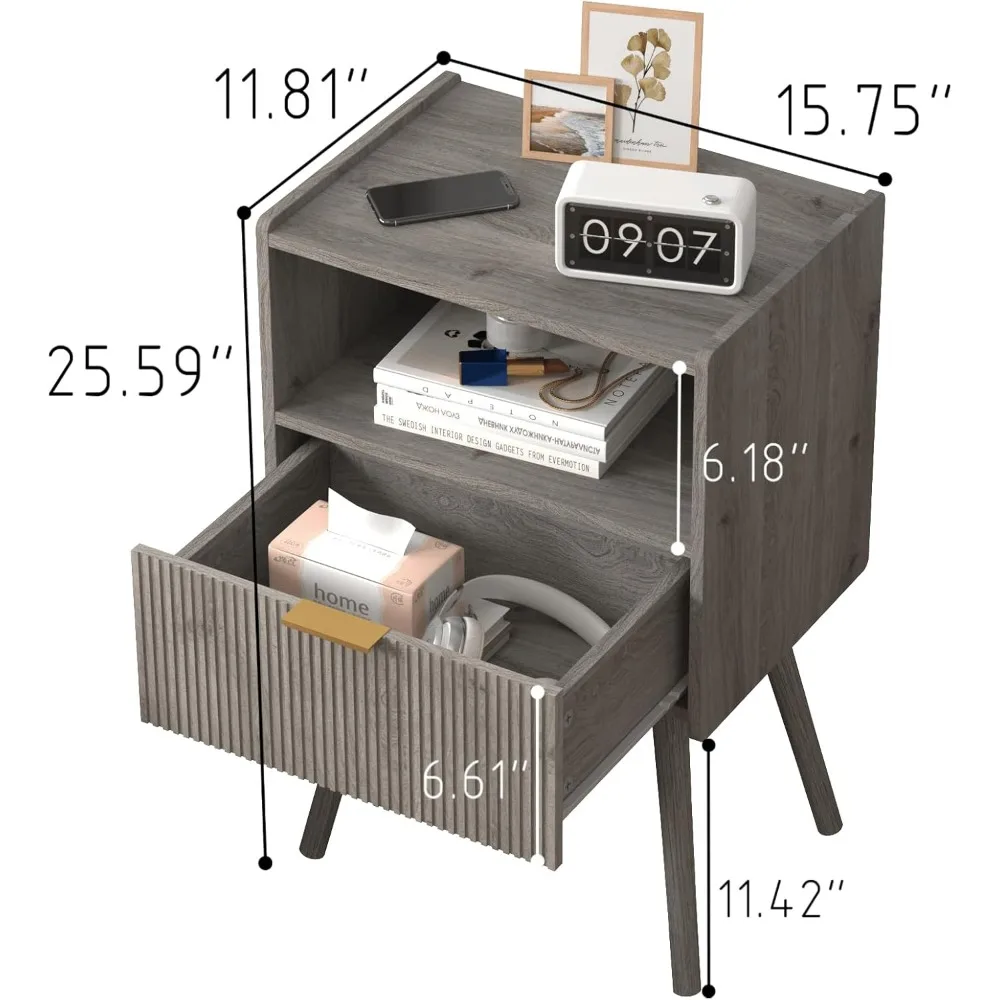 Mesita de noche, mesita de noche moderna con cajón de almacenamiento y estante de madera abierto, para sala de estar, dormitorio y espacios pequeños, noche decorativa