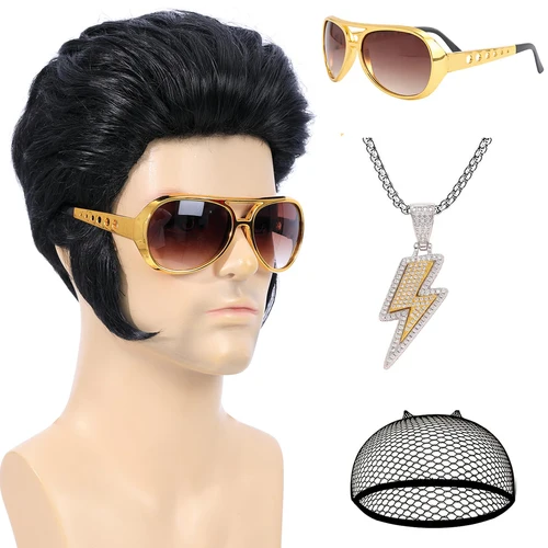 Peluca negra de Elvis, gafas, collar y gorro de peluca para fiesta disco de los años 50, peluca corta sintética resistente al calor para hombres