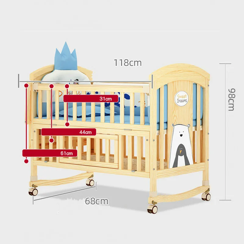 Multifunctional Baby Crib, Can Extend To 12 Ages Elder Children Bed, Solid Wood Movable BB Cradle Cot