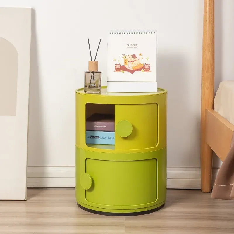 

Bedside Table - Modern Bedroom Corner Cabinet, Bathroom Storage, Multifunctional Round Nightstand, Plastic Organizer