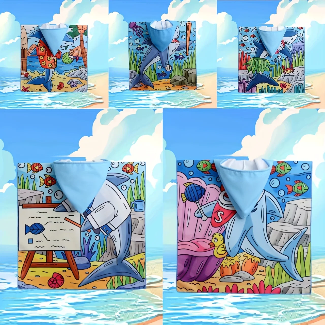 2026 New Shark Cartoon Printed Bathrobe Soft Super Absorbent Suit For Beach Pool Seaside Camping For Aged 2 to 9 Boy or Girl