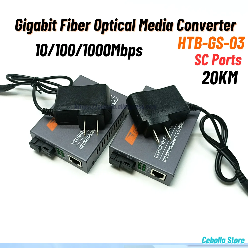 HTB-GS-03 Fiber Optical  Gigabit Media Converter 10/100/1000Mbps Single Mode To RJ45 20KM SC-Port US Power Supply