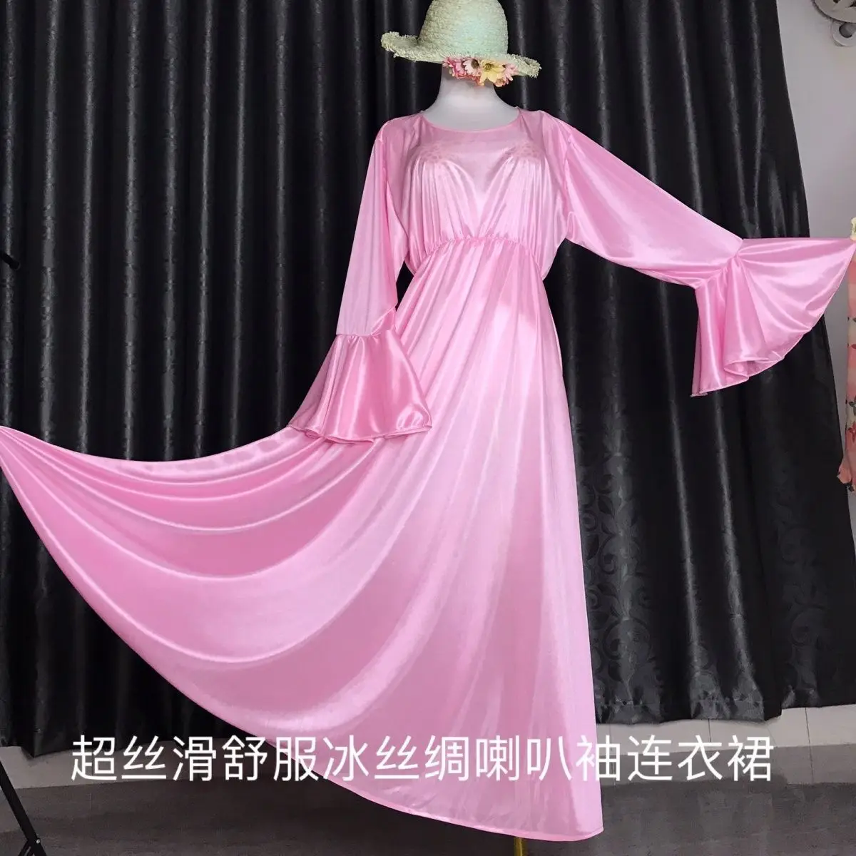 

Glossy Women Ruffles Satin Long Sleeve Dress Loose Maxi Dress Plus Size Sleeping Pajamas Robe