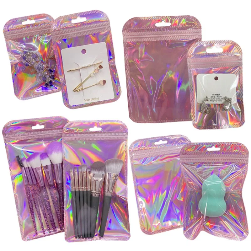 50 pezzi sacchetto a chiusura lampo iridescente trasparente laser addensare sacchetti di chiusura in plastica per esposizione di gioielli artigianato imballaggio per ciglia per unghie