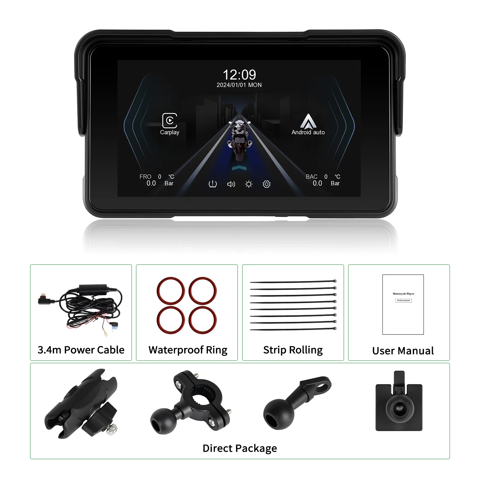 Podofo Motorrad Kabelloses Carplay Android Auto 5'' Smart Screen Player IP68 Wasserdicht Reifendrucküberwachung Helligkeitseinstellung – Detail 15