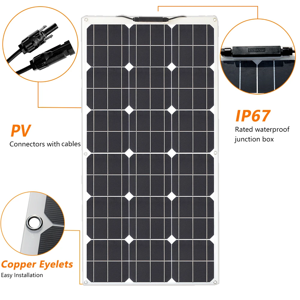 solar panel 200w 100w 12v battery charger flexible photovoltaic panel mono cell camper RV home roof balcony waterproof freeship