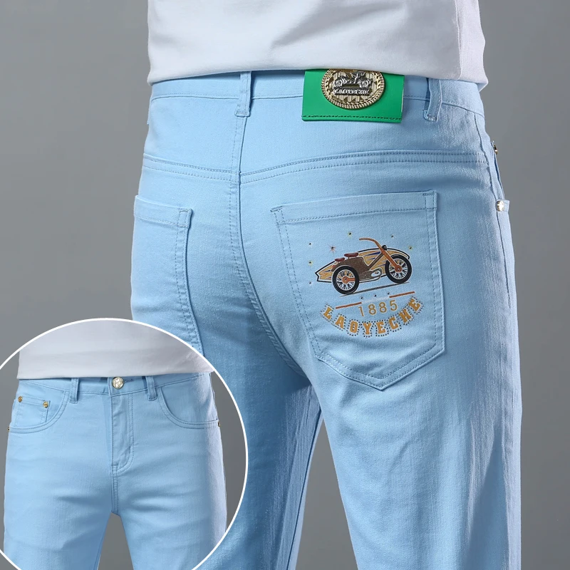 Vrije Tijd Zomer Dunne Jeans Voor Heren High-End Modieuze Bedrukte Elastische, Veelzijdige Zakelijke Lichte Luxe Slim-Fit Broek